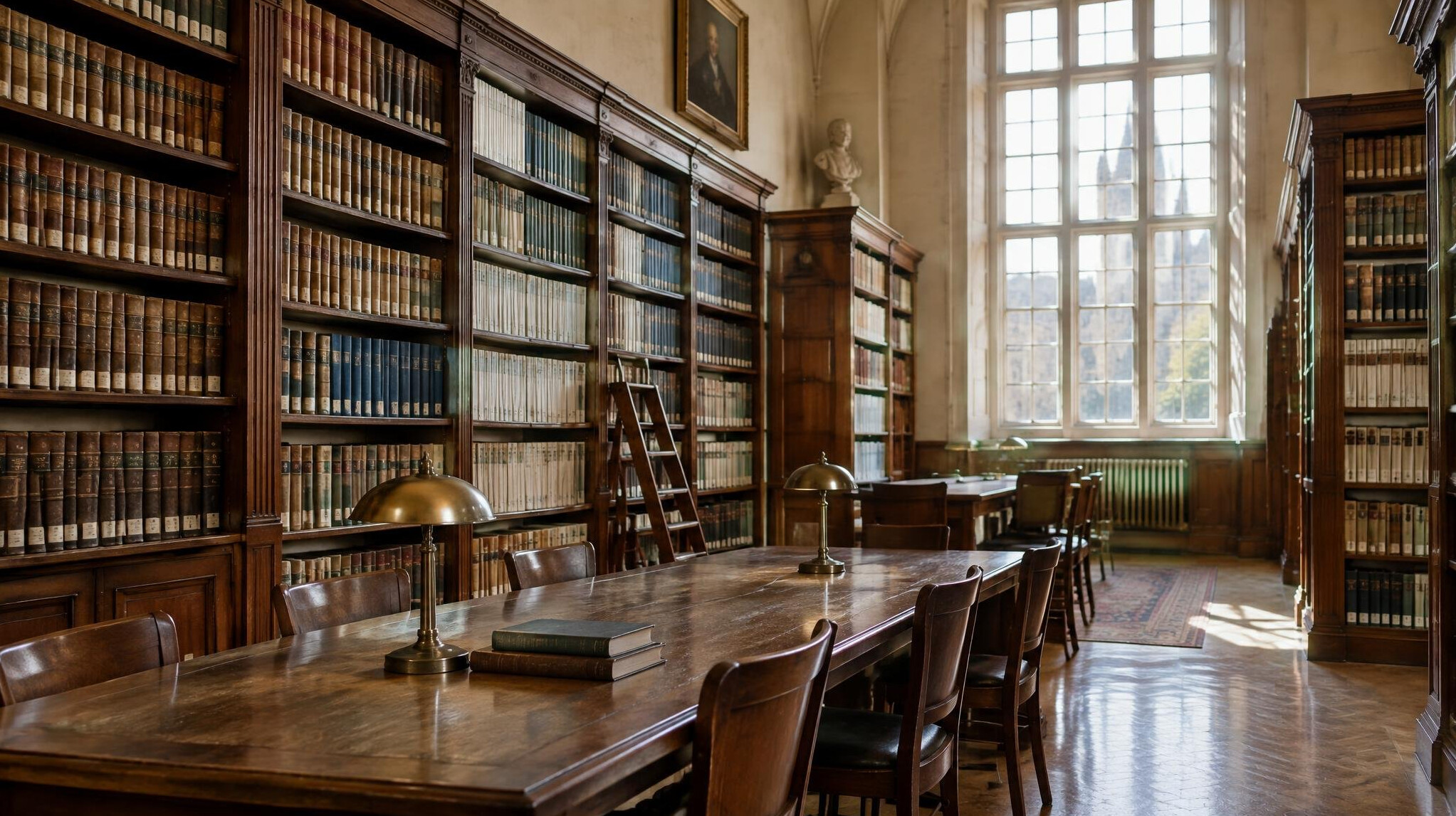 Sunlit reading room with tall archive shelves and old bound books
