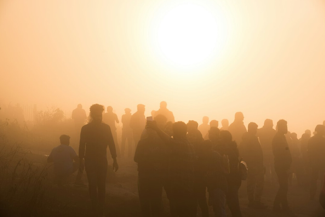 Distant silhouettes of a crowd of people seen from behind in soft light