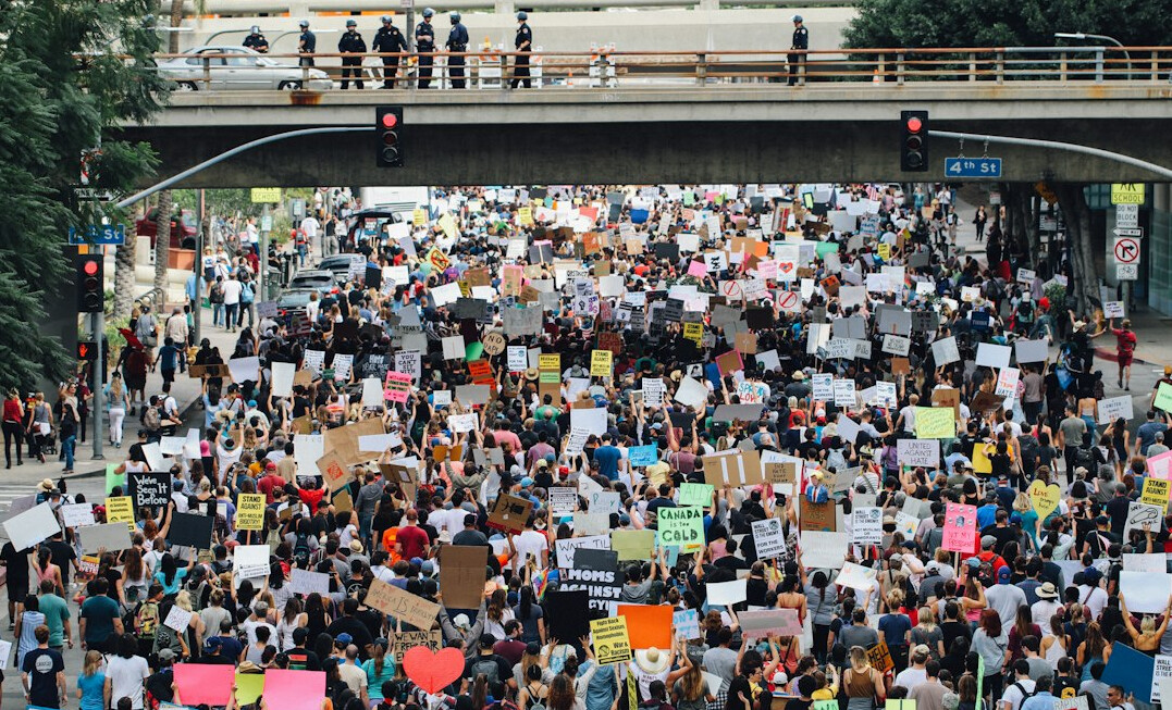 crowd of people protesting